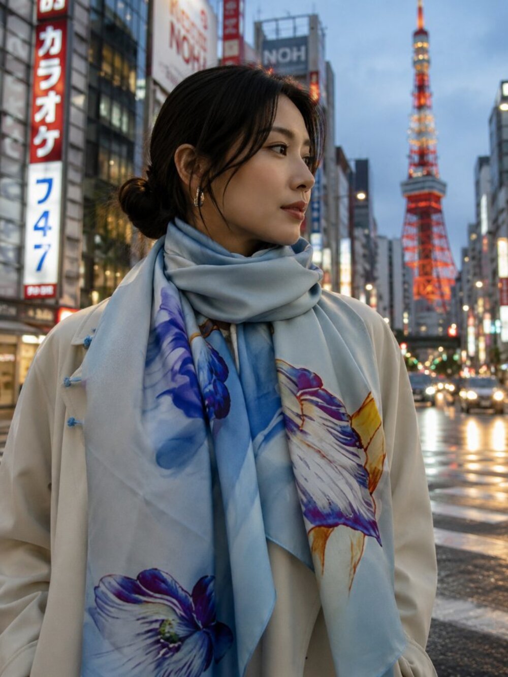Saint Joy Genuine Chinese Mulberry Silk Orchid Print Scarf NWT Box & Gift Bag